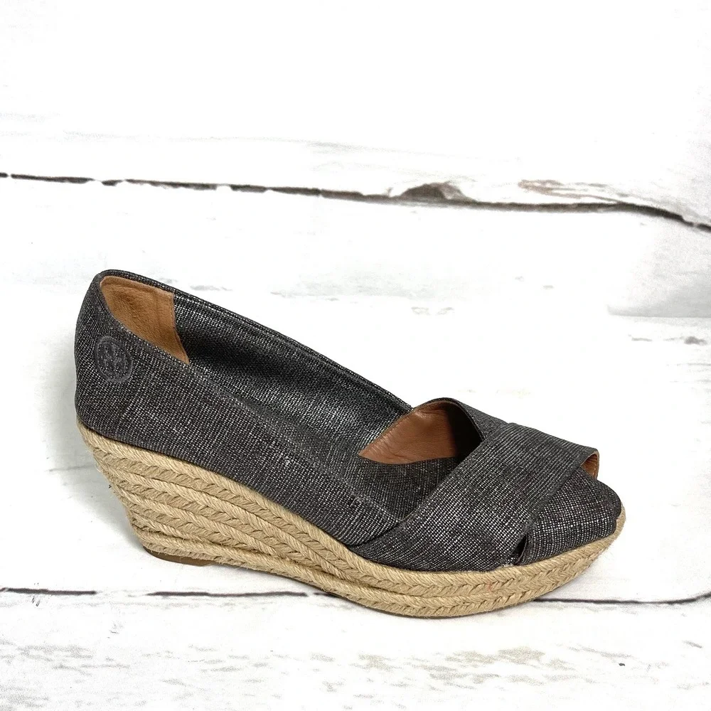 Tory Burch Filipa Shoes Women's 9.5B Pewter Espadrilles Peep Toe Wedges